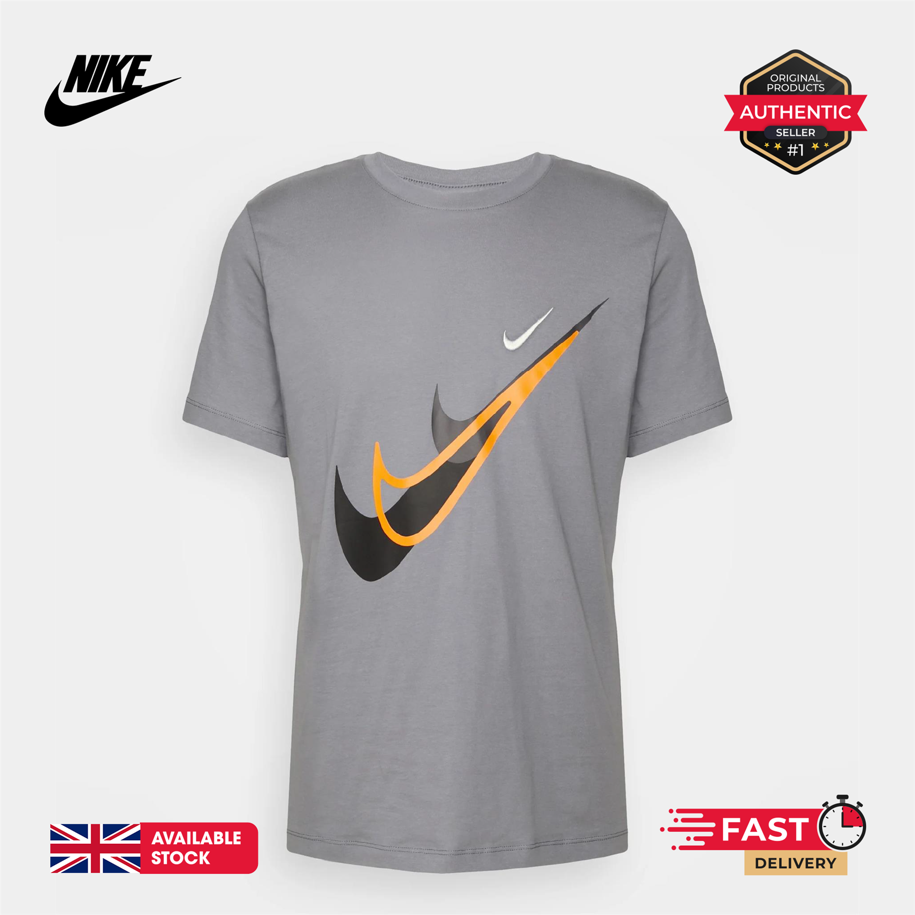Nike Court SwooshMoto Logo Tee Mens Black and Grey Short Sleeve Crew Neck T-Shirt UK S-2XL