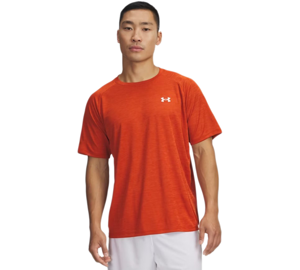 Under Armour Tech Textured Tee Mens Orange Base White Light Blue Blue White Short Sleeve T-Shirt UK S-2XL