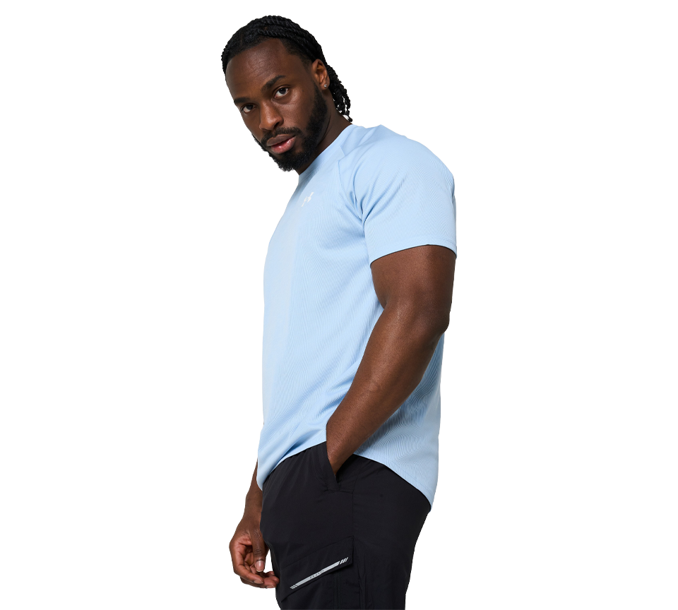 Under Armour Tech Textured Tee Mens Orange Base White Light Blue Blue White Short Sleeve T-Shirt UK S-2XL