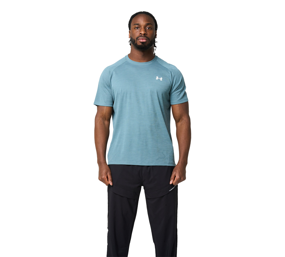 Under Armour Tech Textured Tee Mens Orange Base White Light Blue Blue White Short Sleeve T-Shirt UK S-2XL