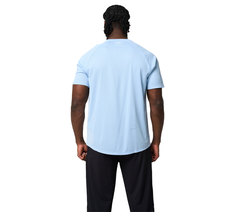 Under Armour Tech Textured Tee Mens Orange Base White Light Blue Blue White Short Sleeve T-Shirt UK S-2XL
