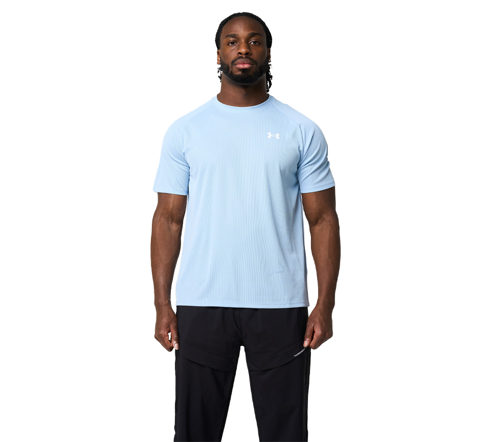 Under Armour Tech Textured Tee Mens Orange Base White Light Blue Blue White Short Sleeve T-Shirt UK S-2XL