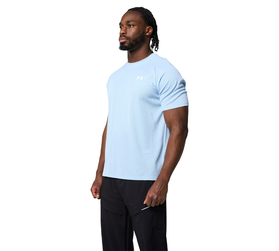Under Armour Tech Textured Tee Mens Orange Base White Light Blue Blue White Short Sleeve T-Shirt UK S-2XL