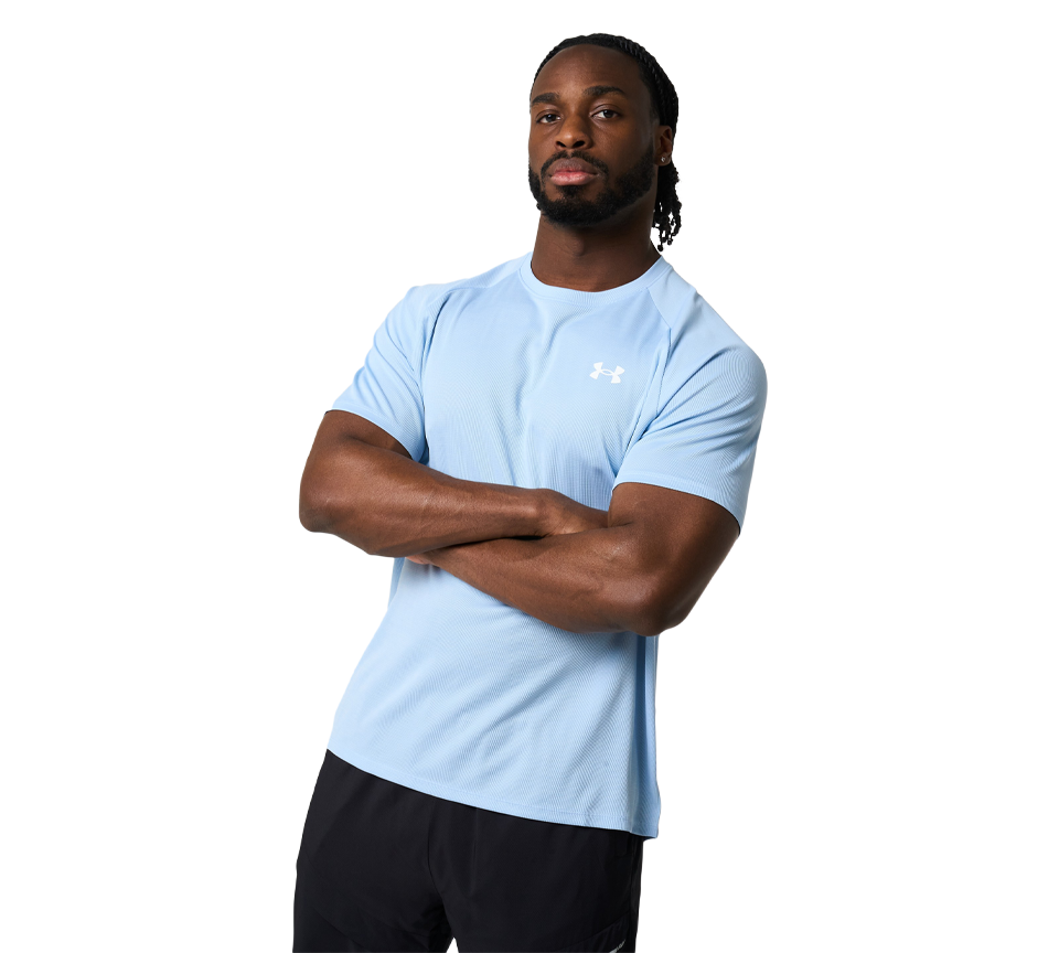 Under Armour Tech Textured Tee Mens Orange Base White Light Blue Blue White Short Sleeve T-Shirt UK S-2XL