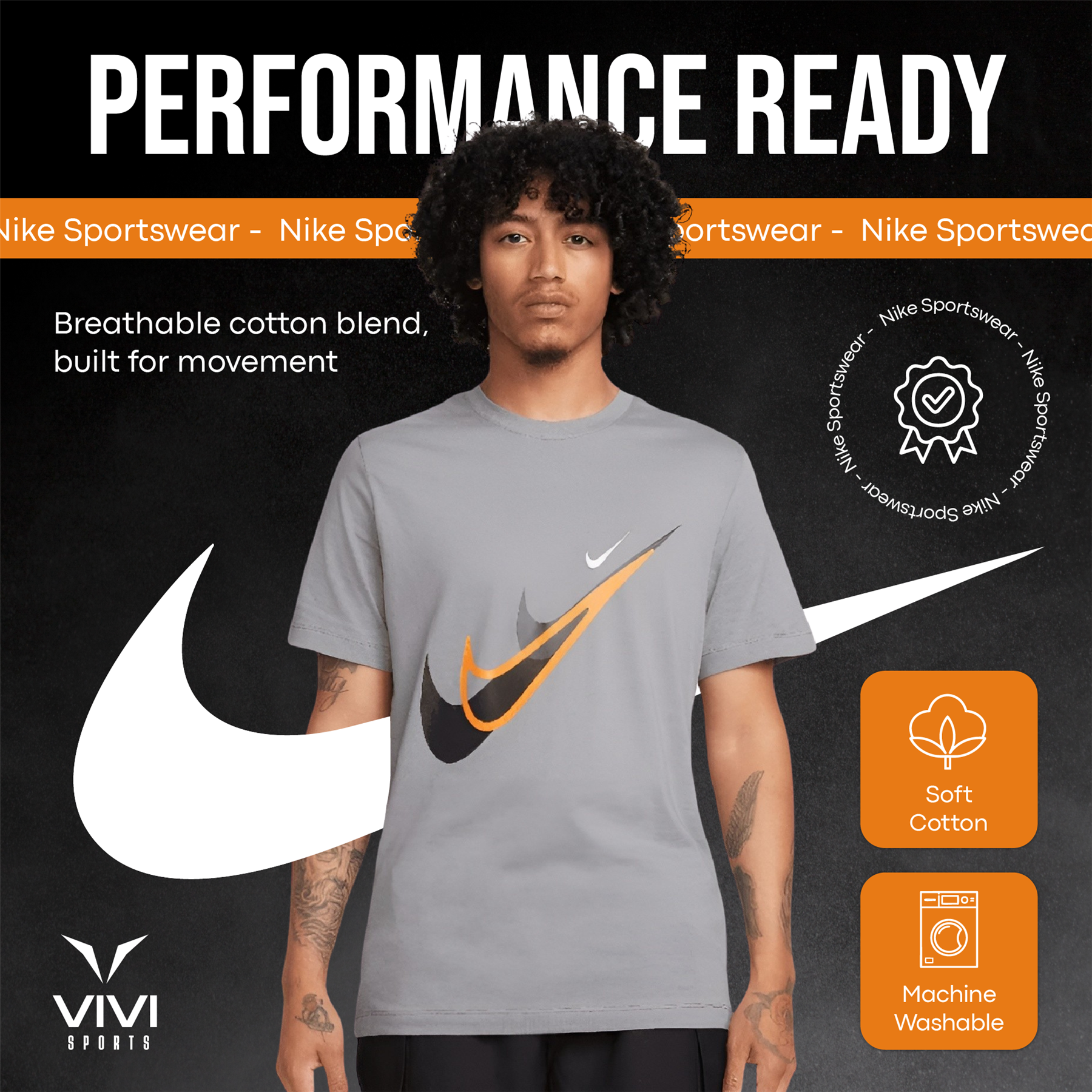 Nike Court SwooshMoto Logo Tee Mens Black and Grey Short Sleeve Crew Neck T-Shirt UK S-2XL
