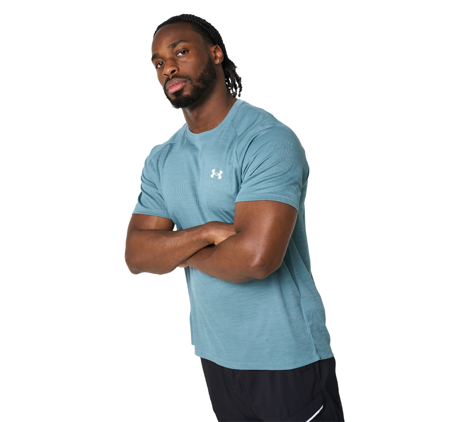 Under Armour Tech Textured Tee Mens Orange Base White Light Blue Blue White Short Sleeve T-Shirt UK S-2XL