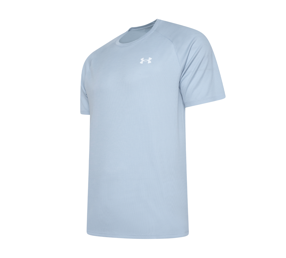 Under Armour Tech Textured Tee Mens Orange Base White Light Blue Blue White Short Sleeve T-Shirt UK S-2XL