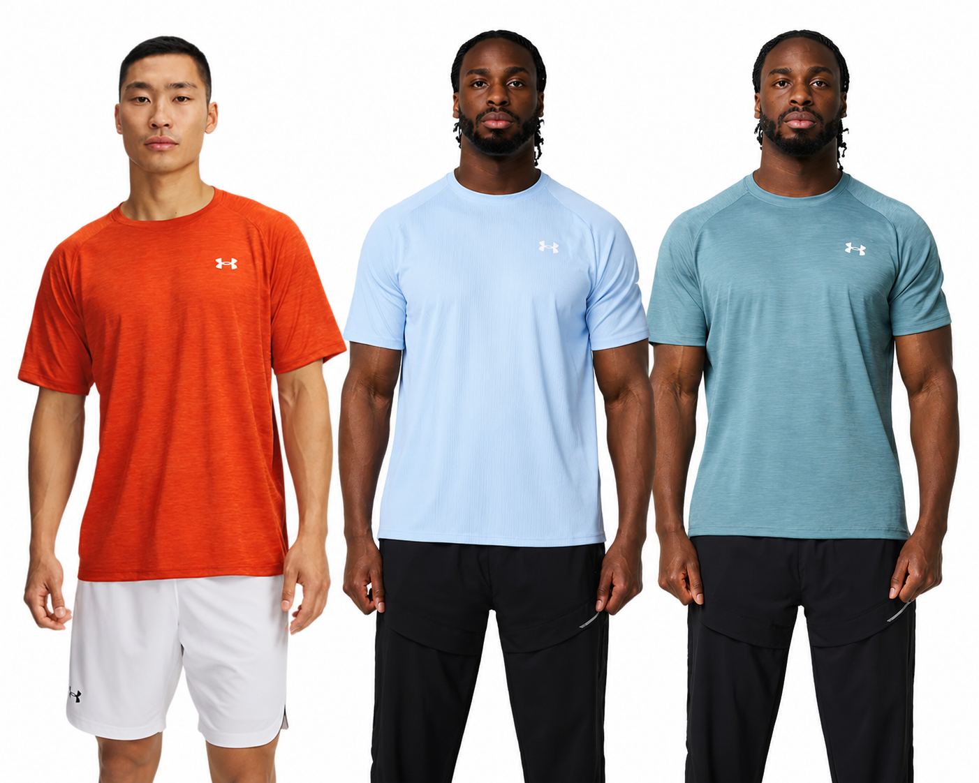 Under Armour Tech Textured Tee Mens Orange Base White Light Blue Blue White Short Sleeve T-Shirt UK S-2XL