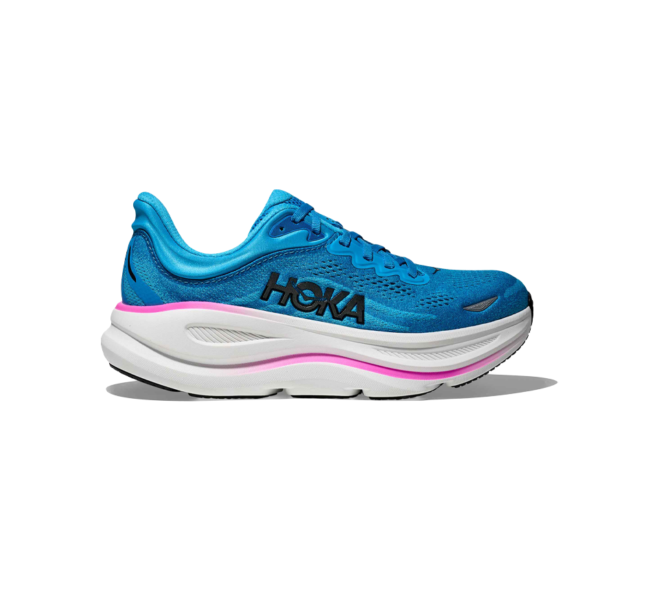 Hoka Womens Bondi 9 Skyward Blue/Neon fuchsia & Truffle Salt/Sea Glass Trainers Shoes UK 4-8