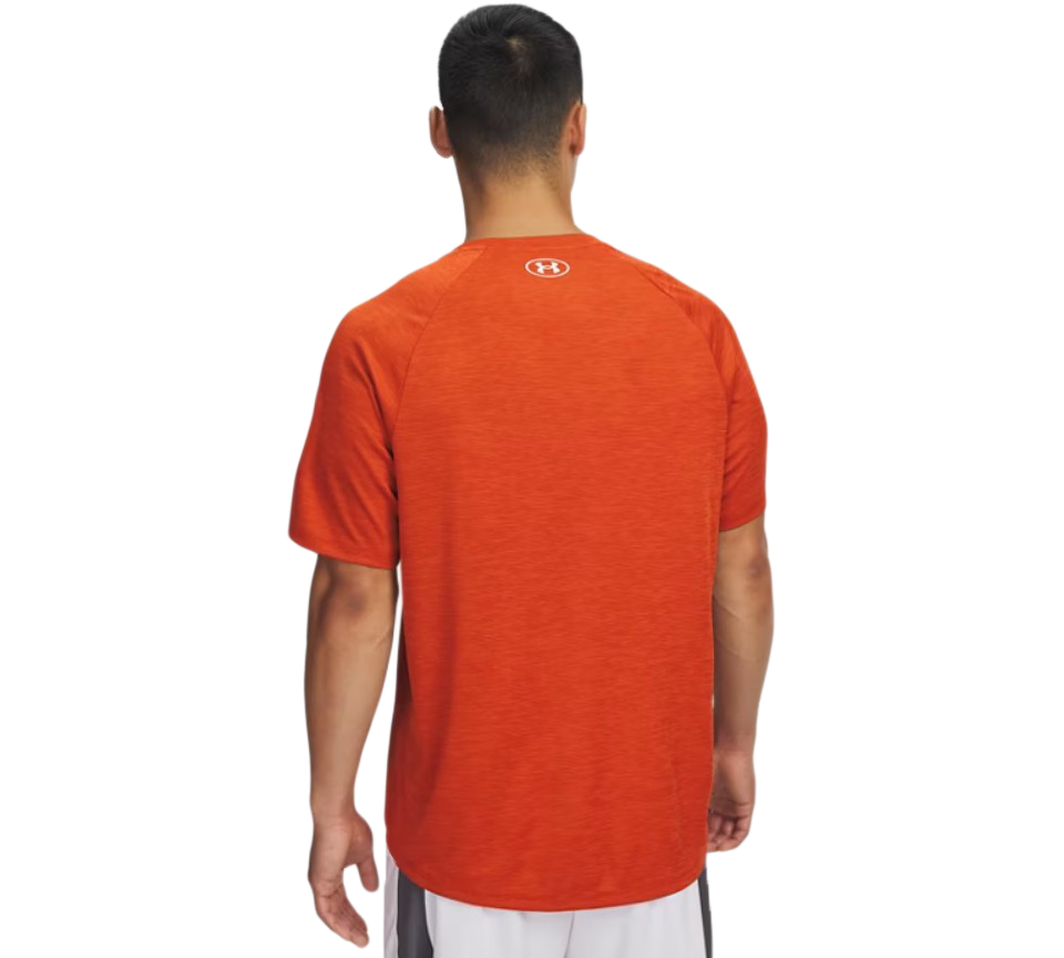 Under Armour Tech Textured Tee Mens Orange Base White Light Blue Blue White Short Sleeve T-Shirt UK S-2XL