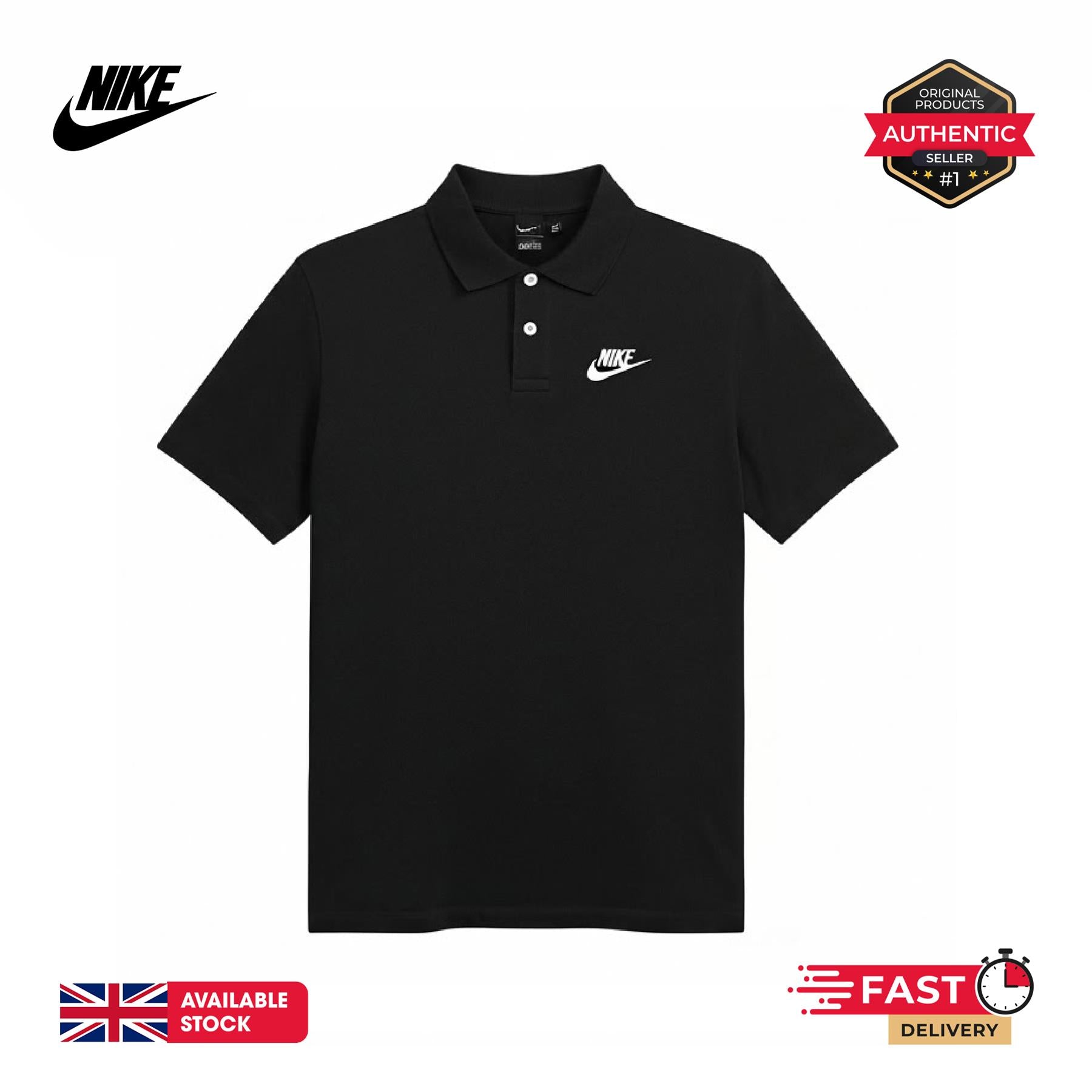 Nike Club Mens Black Polo T-Shirt Futura Logo Relaxed Fit Cotton UK S-2XL