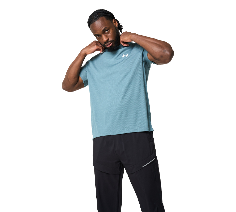 Under Armour Tech Textured Tee Mens Orange Base White Light Blue Blue White Short Sleeve T-Shirt UK S-2XL