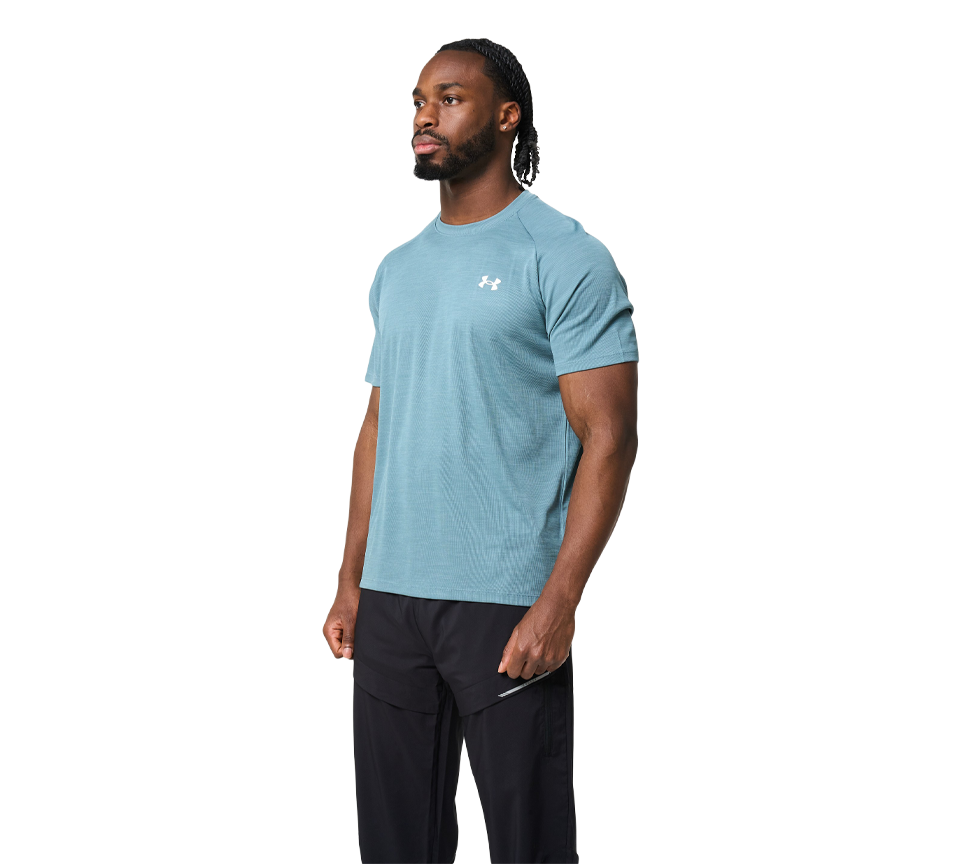 Under Armour Tech Textured Tee Mens Orange Base White Light Blue Blue White Short Sleeve T-Shirt UK S-2XL