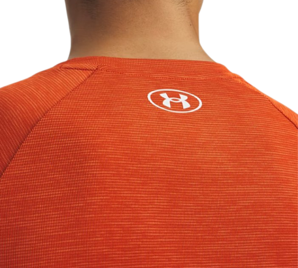 Under Armour Tech Textured Tee Mens Orange Base White Light Blue Blue White Short Sleeve T-Shirt UK S-2XL