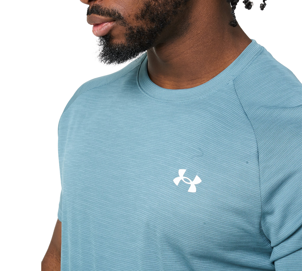 Under Armour Tech Textured Tee Mens Orange Base White Light Blue Blue White Short Sleeve T-Shirt UK S-2XL