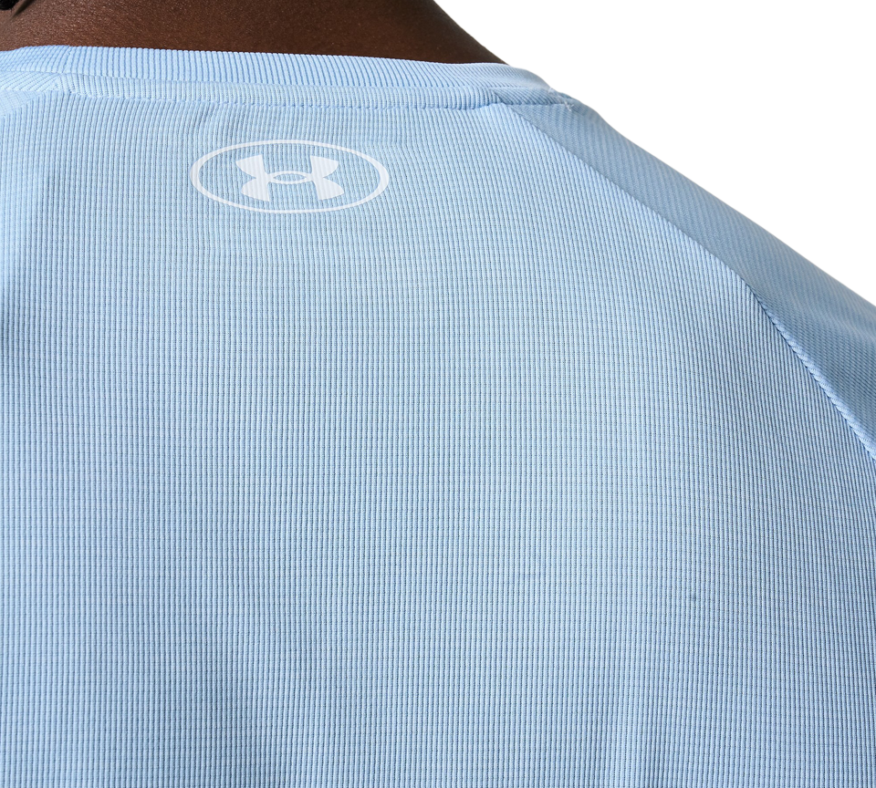 Under Armour Tech Textured Tee Mens Orange Base White Light Blue Blue White Short Sleeve T-Shirt UK S-2XL