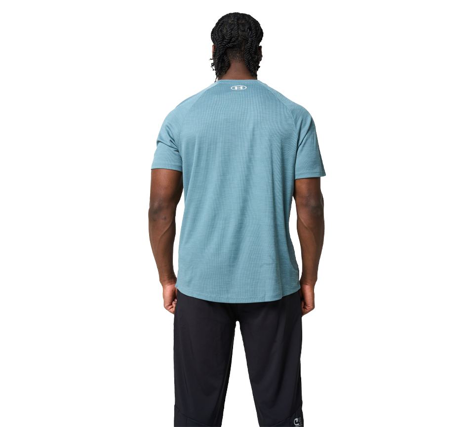 Under Armour Tech Textured Tee Mens Orange Base White Light Blue Blue White Short Sleeve T-Shirt UK S-2XL