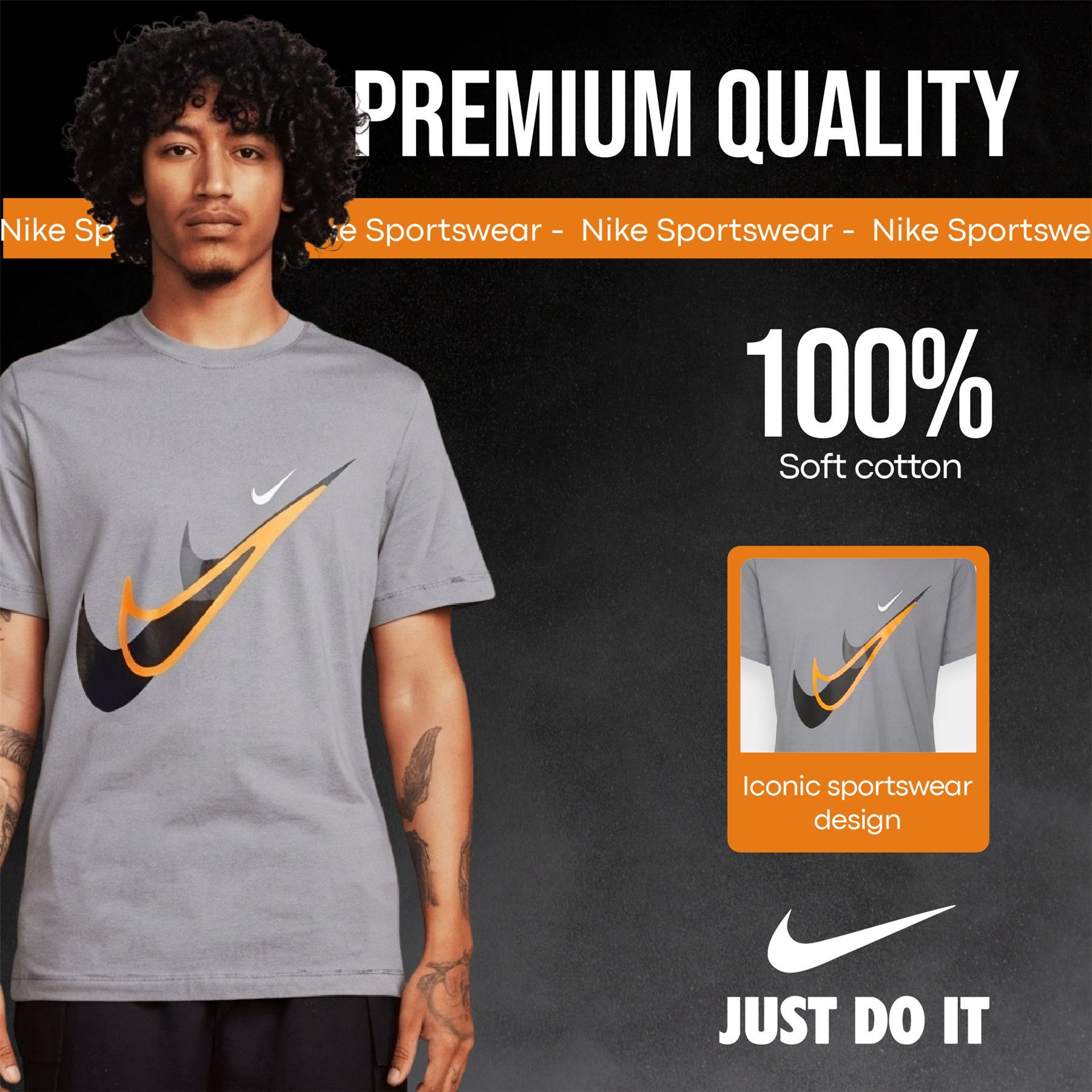 Nike Court SwooshMoto Logo Tee Mens Black and Grey Short Sleeve Crew Neck T-Shirt UK S-2XL
