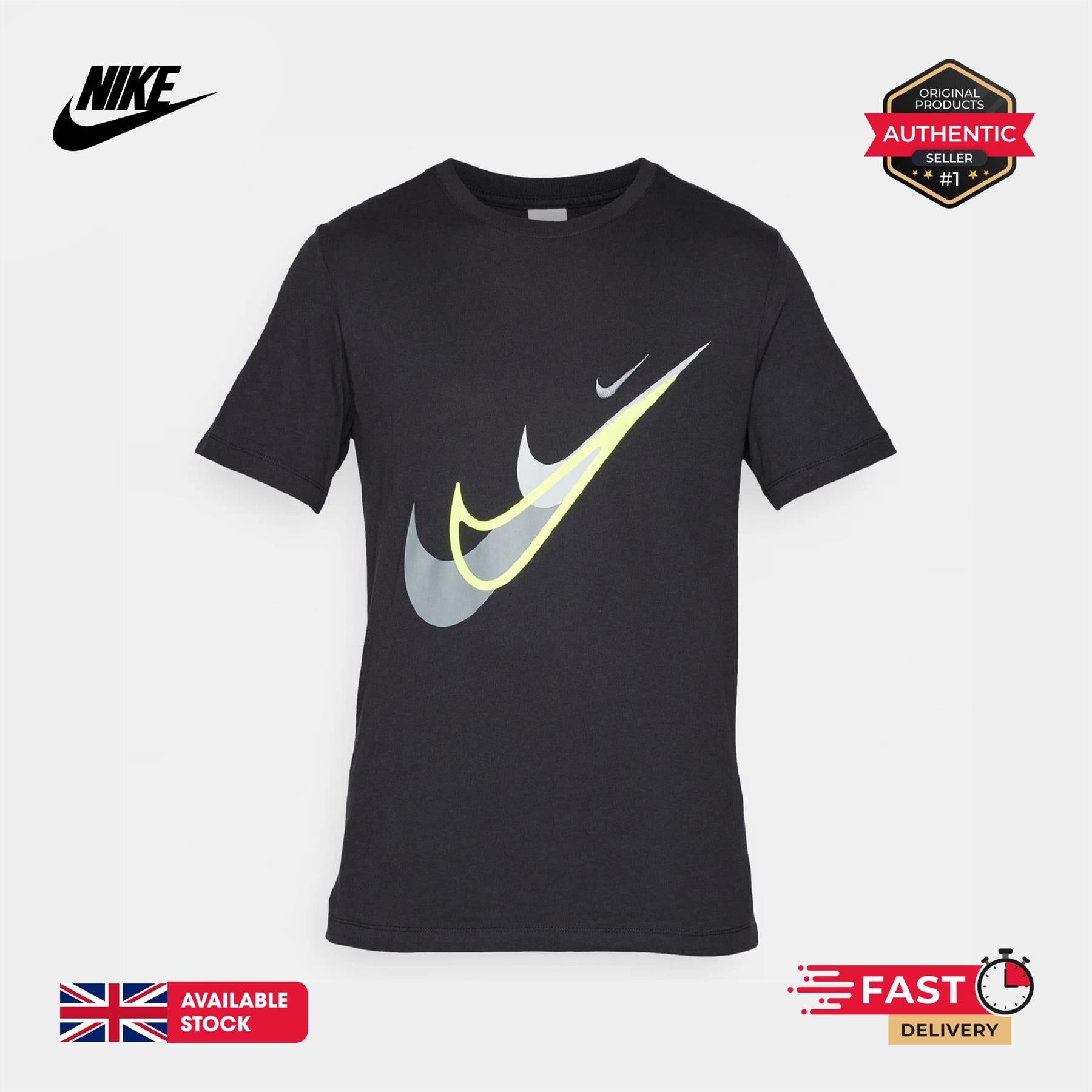 Nike Court SwooshMoto Logo Tee Mens Black and Grey Short Sleeve Crew Neck T-Shirt UK S-2XL