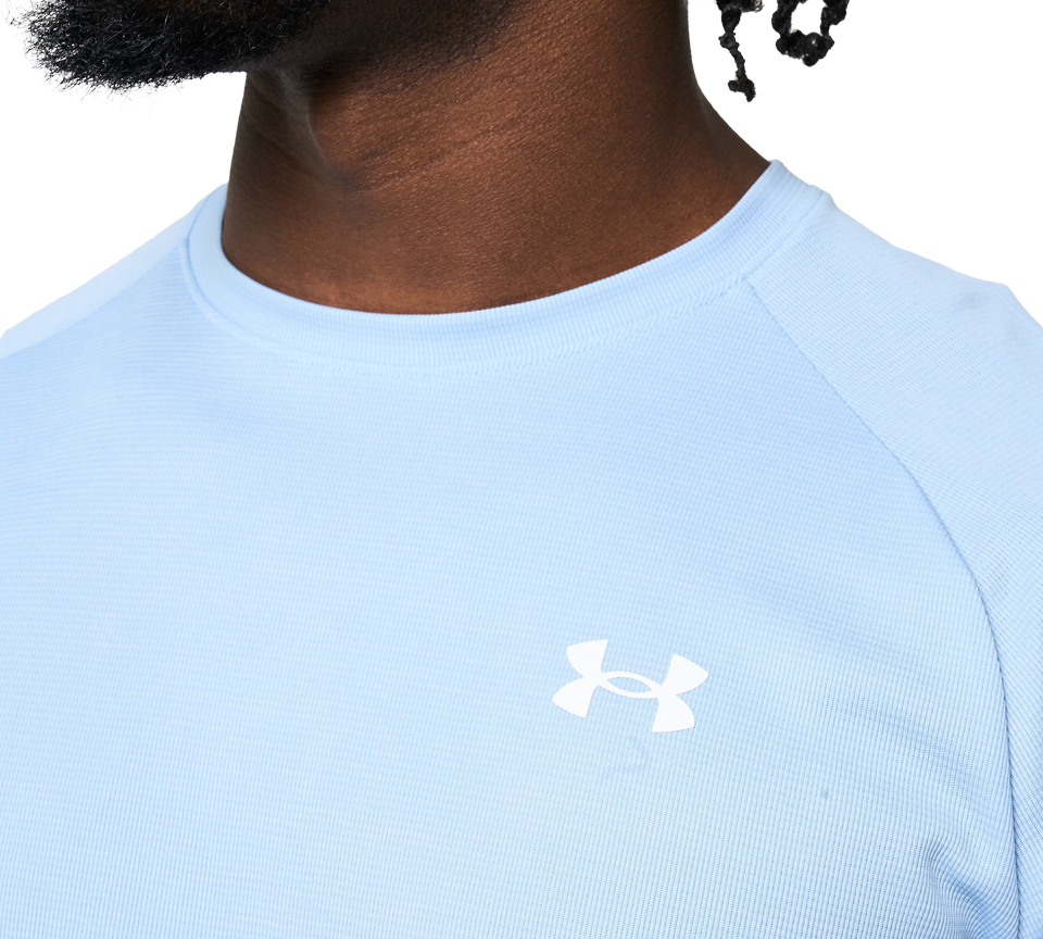 Under Armour Tech Textured Tee Mens Orange Base White Light Blue Blue White Short Sleeve T-Shirt UK S-2XL