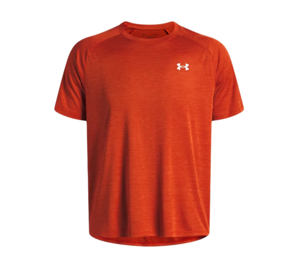 Under Armour Tech Textured Tee Mens Orange Base White Light Blue Blue White Short Sleeve T-Shirt UK S-2XL