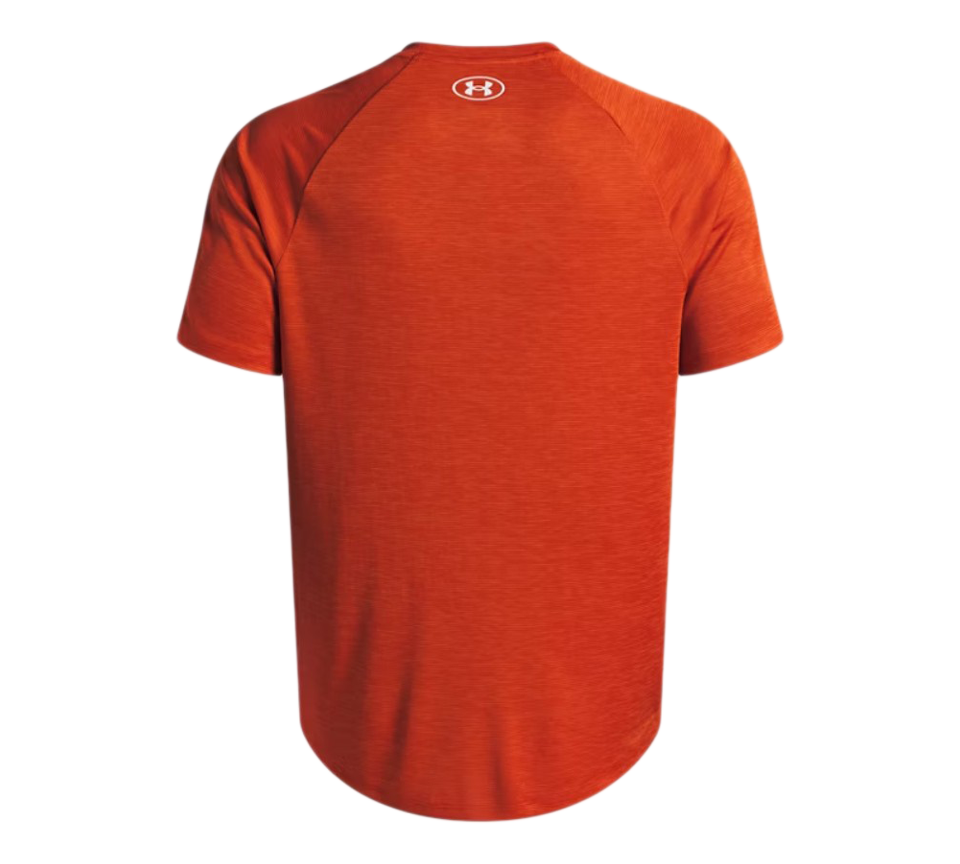 Under Armour Tech Textured Tee Mens Orange Base White Light Blue Blue White Short Sleeve T-Shirt UK S-2XL