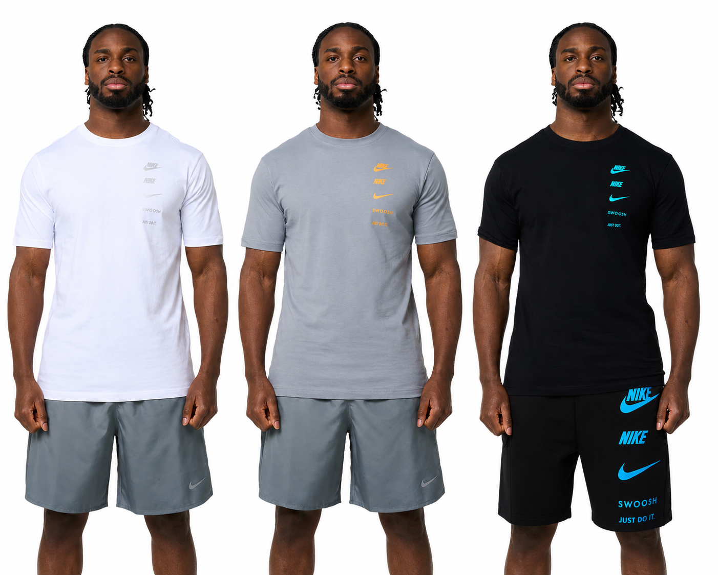 Nike Multi Logo Tee Mens White Grey Blue Short Sleeve Crew Neck T-Shirt UK S-2XL